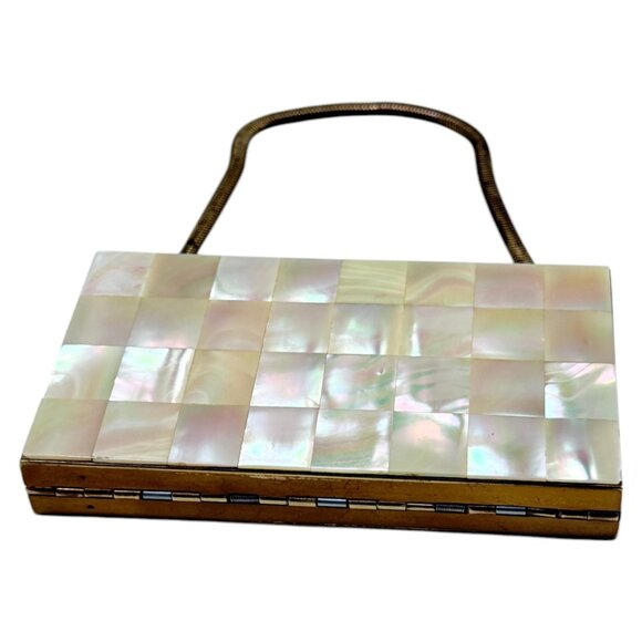 MCM Mother of Pearl Maudiere Compact Gold Tone Metal Rectangle 5.5 inch w Comb - Picture 15 of 16